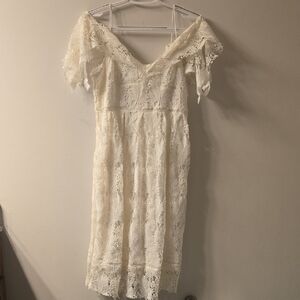 Motherhood Off-Shoulder Lace Midi Dress in Cream